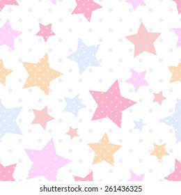 Seamless pink pattern with colorful stars with small round holes on a light background