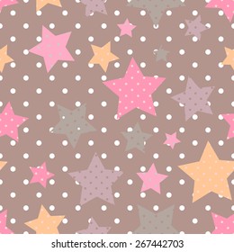 Seamless pink pattern with colorful stars with small round holes on a dark background