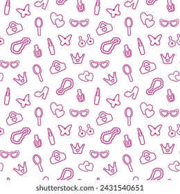 seamless, pink pattern. Pattern with contour details for a girl. Shoes, lipstick, earrings, glasses, jewelry, heart. Print on textiles, paper, banner. art vector illustration.  barbie style
