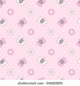 Seamless pink pattern with cute cartoon bees and flowers.