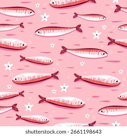 Padrão rosa sem emenda com sardinhas bonitas desenhadas à mão em um estilo mediterrâneo pastel. Design de frutos do mar italiano divertido e encantador perfeito para fundos com tema de verão, têxteis de cozinha, papel de embrulho