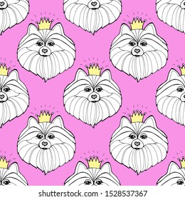 Seamless pink pattern with cute pomeranian dog.