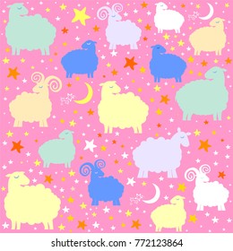 Seamless pink pattern with cute sheep, moon, clouds, stars. Pastel colors. Childish background. Vector illustration