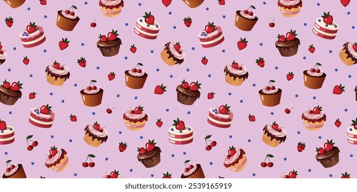 Seamless Pink Pattern of Desserts with Strawberries and Cherries