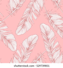 Seamless pink pattern with feathers. Hand drawn. Vector illustration