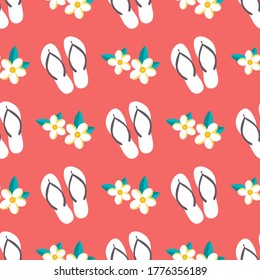 
Seamless pink pattern with flip flops and flowers on a pink background in a flat style. Vector illustration for design and printing on wallpaper, fabric, covers.