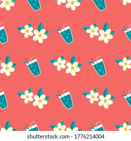 
Patrón rosa sin foco con flores y cóctel de estilo plano. Fondo de verano para diseño e impresión en papel, tela, cubiertas. Ilustración vectorial.