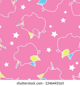 Seamless Pink Pattern with Flying Unicorn Piggies