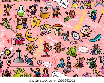 Seamless pink pattern with funny fairy tales heroes. Fantasy characters wallpaper. Design for print, children's room, t-shirt, party decoration, etc.  Vector illustration.