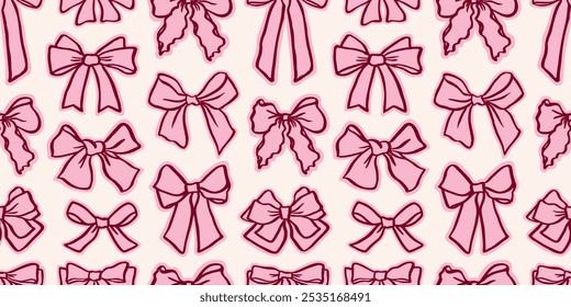 Seamless pink pattern with hand drawn bows. Bow knots, gift ribbons. Trendy hair braiding accessory. Valentine's day background. Whimsical wedding backdrop. Soft, feminine style. Wrapping paper.  