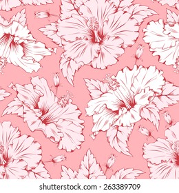 Seamless pink pattern with hand drawn exotic tropical flower - hibiscus. Beautiful element for different designs.