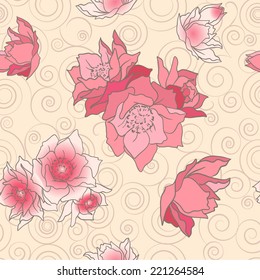 Seamless pink pattern with hand-drawn by hand with flowers and swirls