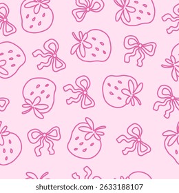 Seamless pink pattern with hand-drawn strawberries and girly bows. Cute and playful coquette aesthetic design. Perfect for fabric, stationery, wrapping paper, digital backgrounds. Vector illustration