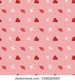 Seamless pink pattern with hearts and leaves.