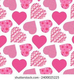 Seamless pink pattern of hearts in patchwork style. Vector.