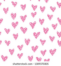 Seamless pink pattern with hearts. Valentine and wedding hand-drawn background for cards, invitations, wrapping paper, textile. Pink and silver ornament. Shiny glitter hearts.