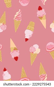 Seamless pink pattern with ice cream. Vector graphics.