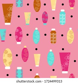 Seamless pink pattern with the image of tubes and bottles of cosmetics, black small peas. For printing on fabric, wrapping paper, background for a cosmetics store, for children's games. Vector graphic