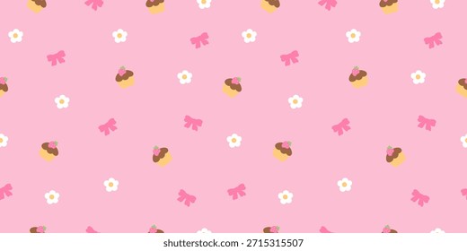  Patrón rosa sin fisuras con cupcakes de fresa kawaii, lazos y pequeñas margaritas blancas. Fondo romántico dulce para el papel de regalo de San Valentín, tela, papelería y proyectos pastel femenino.