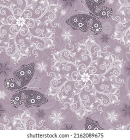 Patrón rosa inmaculado con círculos vintage blancos y mariposas. Vector eps 10