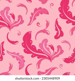 Seamless pink pattern with leaves. Vector floral background. Template for wallpaper, textile, bed linen, carpet, wrapping paper.