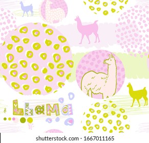 seamless pink pattern with llamas silhouettes in pink and green colors. fun design for girl with llama lettering, hand-drawn with spots, circles, and irregular dots in soft colors