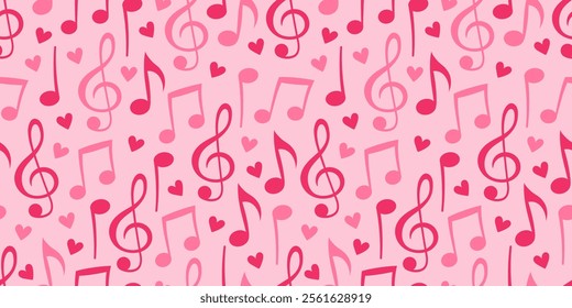 Seamless pink pattern with musical notes, treble clefs, and hearts. Perfect for Valentine's Day, romantic designs, wedding invitations, or any project celebrating love and music in a cheerful style.