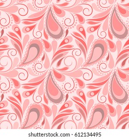 Seamless pink pattern with paisley and leaves. Classic ethnic ornament.  Vector background. Use for wallpaper, pattern fills,textile design.