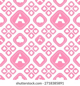 Padrão rosa perfeito com ternos de baralho e símbolo Ace. Ilustração vetorial do fundo monocromático bonito do casino. Design geométrico de diamante com corações e espadas para embrulhar papel e têxteis.