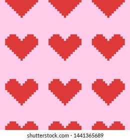 Seamless pink pattern with red pixel hearts. Vector graphics.