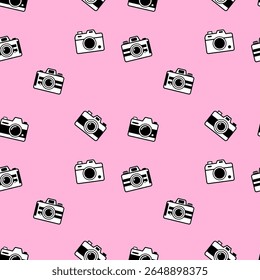 Padrão rosa perfeito com câmeras preto e branco retrô, evocando nostalgia e charme perfeito para impressões criativas, presentes bonitos ou temas de fotografia divertidos