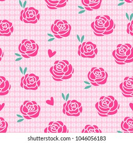 Seamless pink pattern. Rose on the pink background of a tissue texture. Vector illustration. Shabby chic