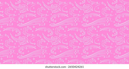Seamless pink pattern with shooting stars and comets in doodle style
