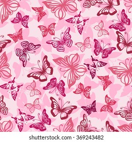 Seamless pink pattern with silhouettes of butterflies