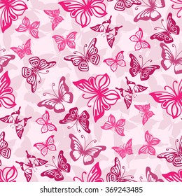 Seamless pink pattern with silhouettes of butterflies