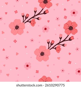 Seamless pink pattern with spring cherry blossom. Vector graphics.