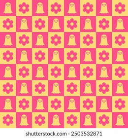 Seamless pink pattern with stylized bird and flower icons in alternating rows; ideal for cheerful designs. The monochromatic scheme and simple shapes create a bright, engaging motif