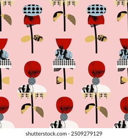 Patrón rosa sin fisuras con flores texturizadas en estilo escandinavo. Vector de impresión, fondo, diseño 