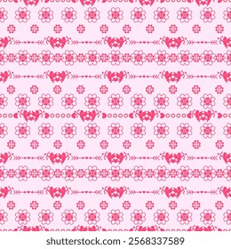 Seamless pink pattern and trendy geometric shapes with circles, hearts cupids in retro style for a Valentine's Day theme