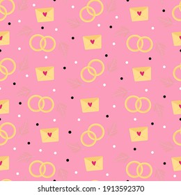 seamless pink pattern with wedding rings and love notes. Illustration for Valentine's Day. Design of wrapping paper, wallpaper, covers, notebooks. Vector illustration.