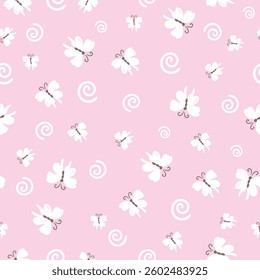 Seamless pink pattern with white butterflies, cute girly background, romantic soft design. Vector illustration