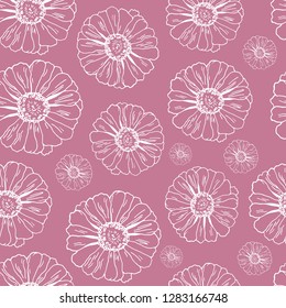 Seamless pink pattern with white flowers zinnia, camomile for textile, bedlinen, pillow, undergarment, wallpaper.