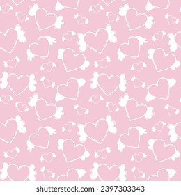 Patrón rosa sin foco con corazones blancos y alas cupidas. Patrón sin inconvenientes para la boda, el día de San Valentín o para envolver papel y fondo