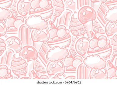 Seamless pink pattern in youthful style with hand drawn elements. Ice cream and speech bubble background for web, menu, print designs.