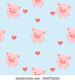 Seamless pink pig pattern with hearts. Vector illustration.