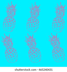 Seamless pink pineapple fruit illustration on blue background. Pattern in vector