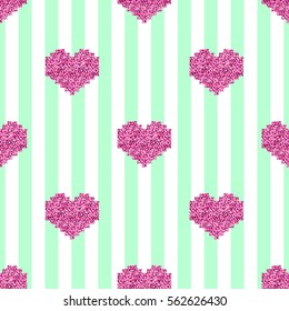 seamless pink pixel heart glitter pattern on green stripe background