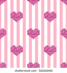 seamless pink pixel heart glitter pattern on pink stripe background