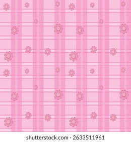 Seamless pink plaid background with cute hand-drawn flowers. Soft pastel colors, playful spring floral pattern, perfect for fabric, wrapping, or digital design.