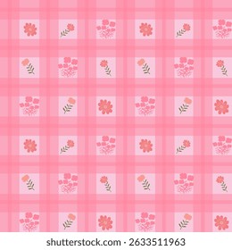 Seamless pink plaid background with cute hand-drawn flowers. Soft pastel colors, playful spring floral pattern, perfect for fabric, wrapping, or digital design.